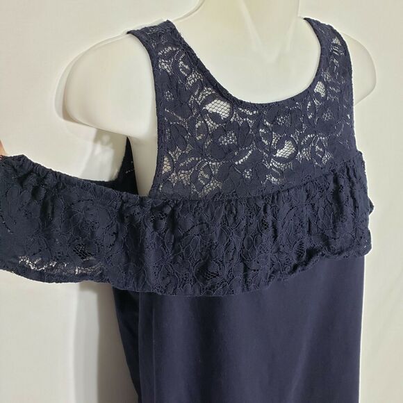 Ann Taylor LOFT Womens Top Size Medium Lace Flounce Cold Shoulder Forever Navy - Picture 3 of 9